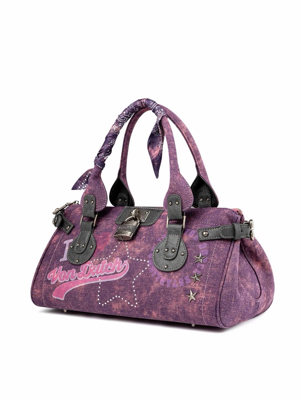Von Dutch Bree Purple Pink Handbag with Lock, Twilly, and Pins NWT
